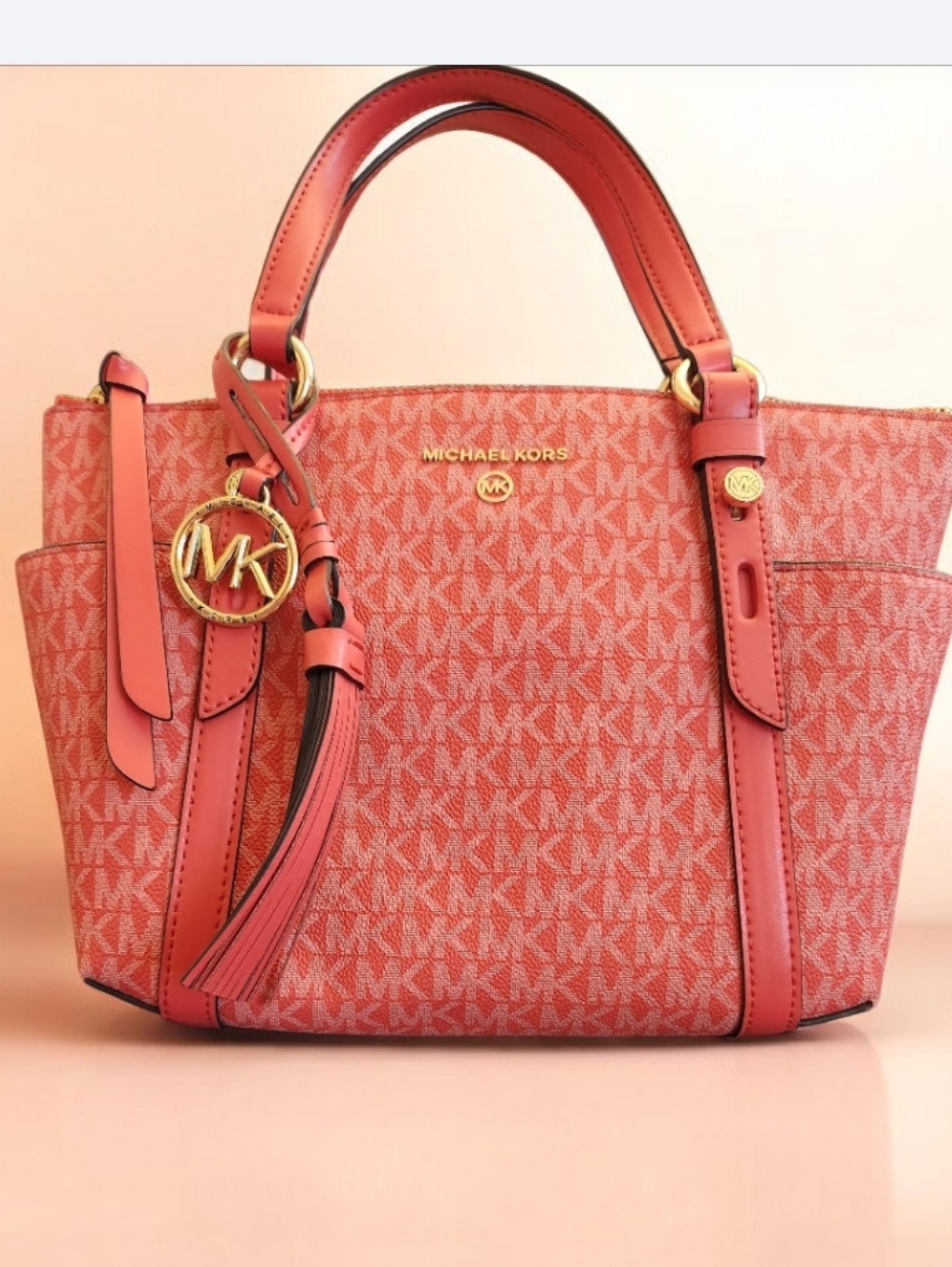 Michael Kors Coral/Pink Signature Satchel With Gold Hardwareeuc Firm